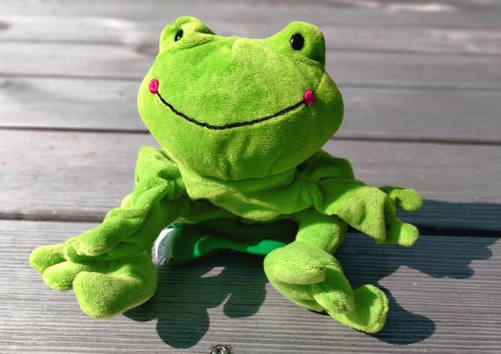Grüne, fröhlich lächelnde Frosch-Handpuppe auf Holzuntergrund, symbolisiert spielerische Kinesiologie für Kinder