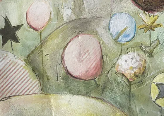 Gemalte, pastellfarbene Blumen auf grünem Hintergrund. Symbol für die Selbstheilungskräfte, die inneren Ressourcen und die Einzigartigkeit jedes Menschen
